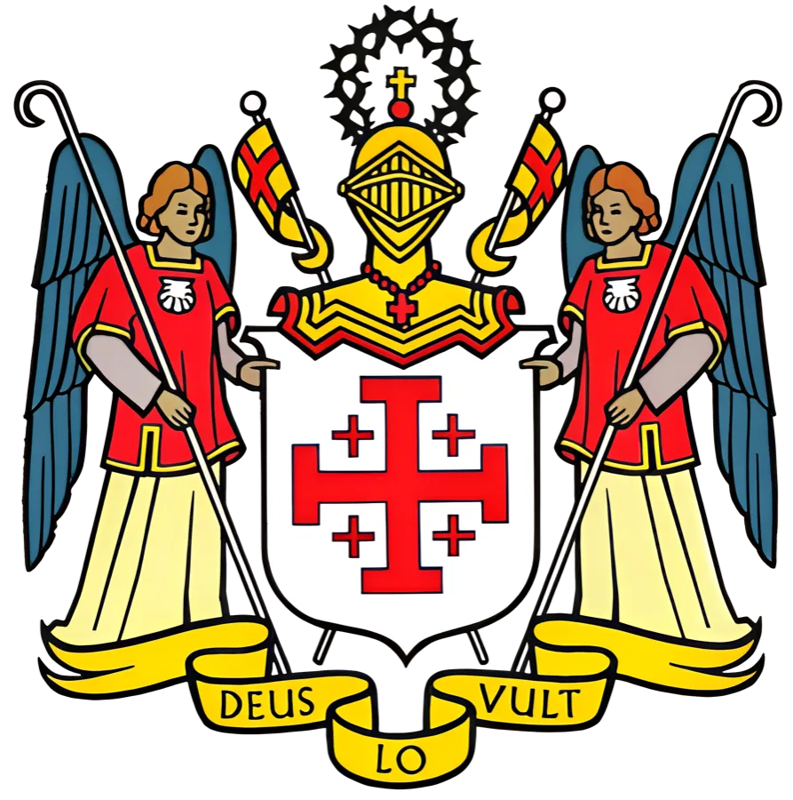 Marea stemă a Ordinului: scut cu crucea de Ierusalim, coif încununat de spini, doi îngeri-pelerini cu stindarde și deviza Deus lo vult