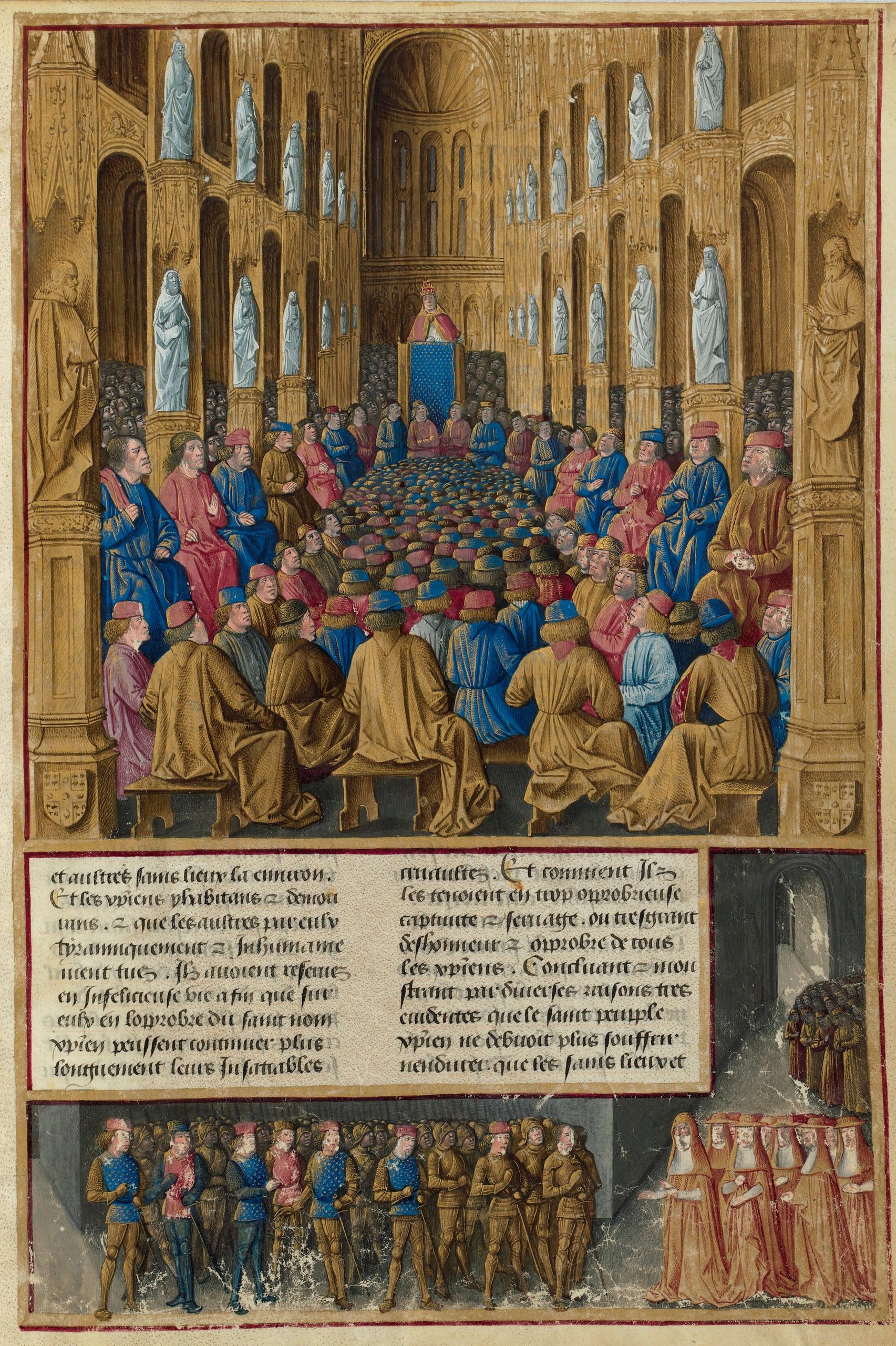 Miniatură de Jean Colombe: Papa Urban al II-lea la conciliul de la Clermont, 1095