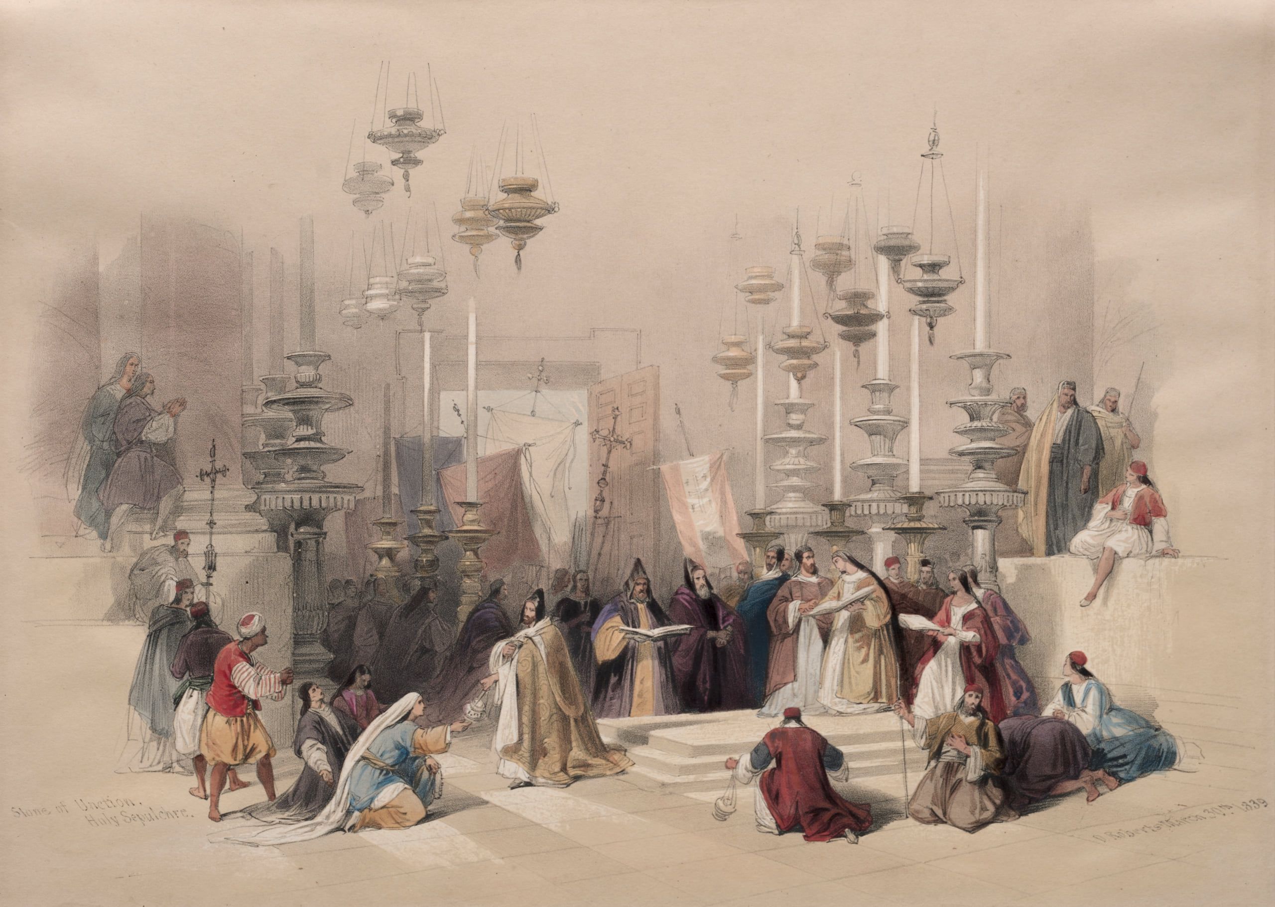 Litografie de David Roberts: Piatra Ungerii din Biserica Sfântului Mormânt, 1839