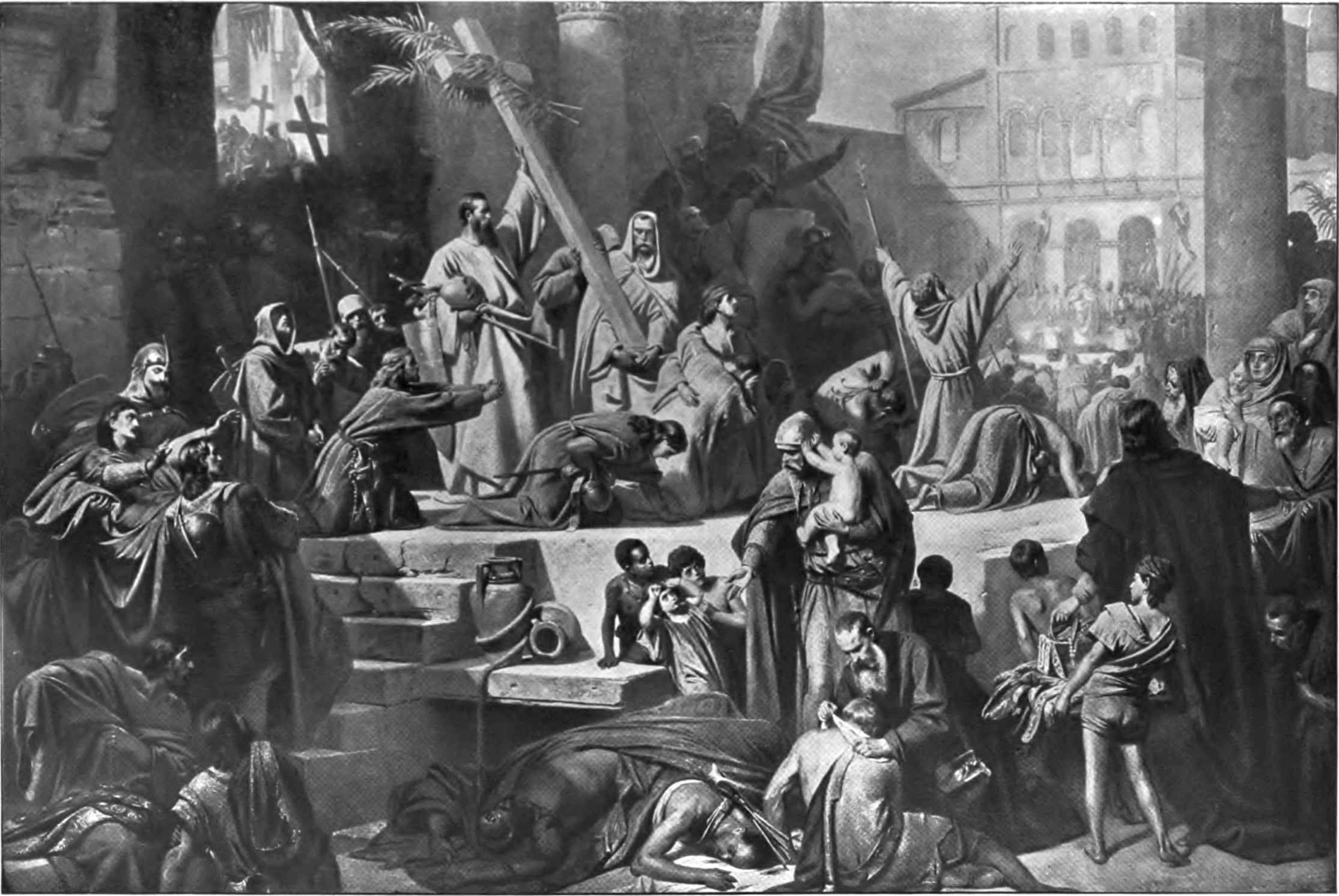 Gravură după Carl von Piloty: intrarea lui Godefroy de Bouillon în Ierusalim