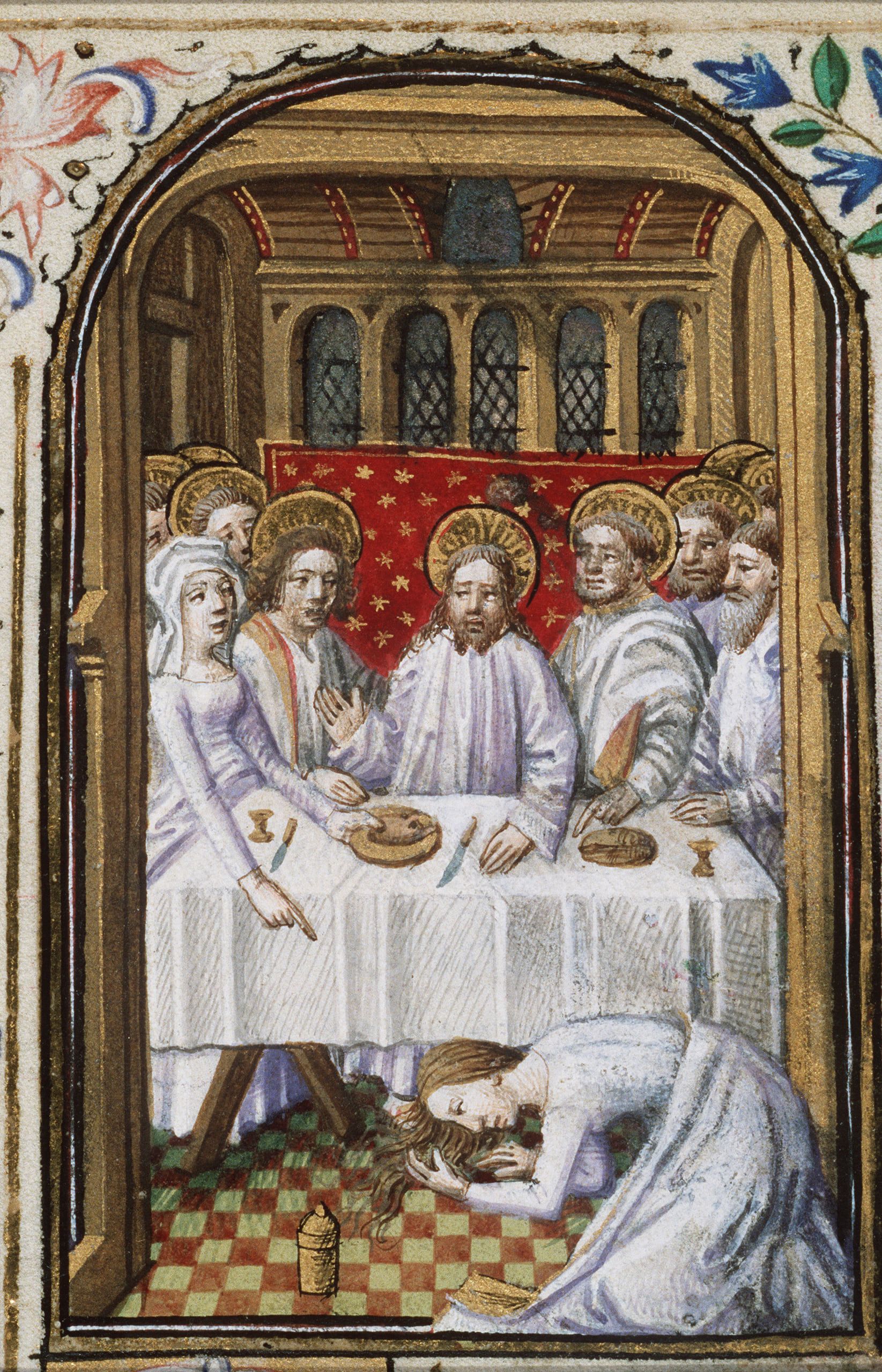 Miniatură medievală: Maria din Betania ungând picioarele lui Iisus la masă