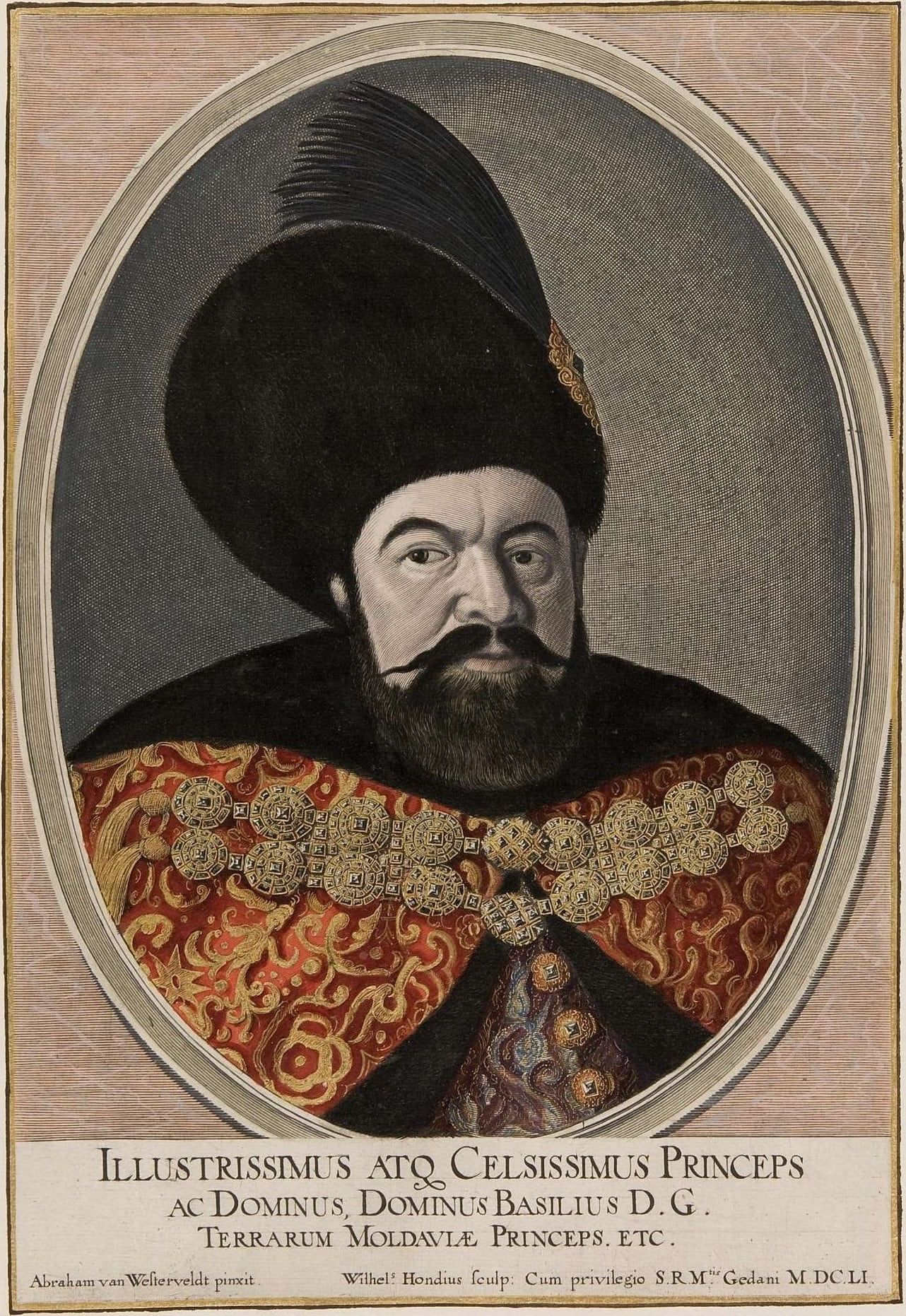 Portret gravat al domnitorului Vasile Lupu, cu cușmă de blană și haină de brocart